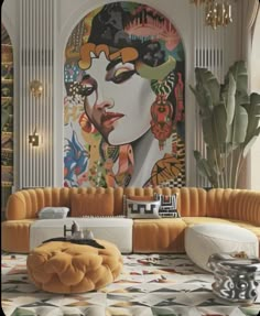 a living room filled with furniture and paintings on the wall