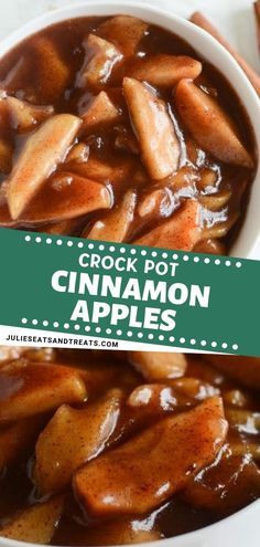 crock pot cinnamon apples in a white bowl with the words crock pot cinnamon apples