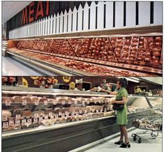 a woman standing in front of a display case filled with meat