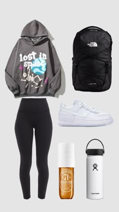 the north face backpack, nike jacket, and leggings are all laid out