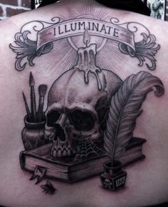 the back of a man's shoulder with a skull and quill pen on it