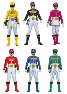 six different types of power rangers uniforms in various colors and sizes, all with helmets on