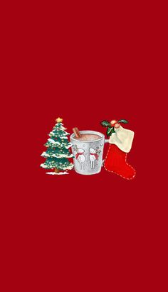 a red background with christmas decorations and a cup