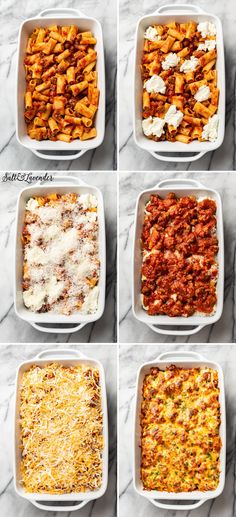 six different casserole dishes with various toppings