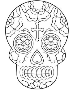 a sugar skull with flowers on it's head and cross at the top, in black and white