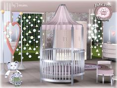 a baby's room with a crib, teddy bear and other furniture in it