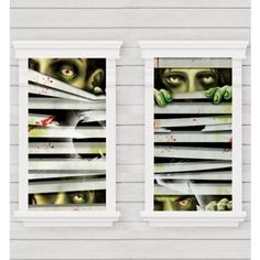 two windows covered in blinds with the faces of zombies peeking out from behind blinders