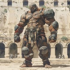 an image of a giant robot standing in front of a building with lots of armor