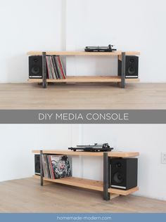 two different views of an entertainment center with audio equipment on top and side by side