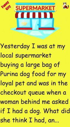 a yellow background with an image of a dog in front of a store and the words supermarket