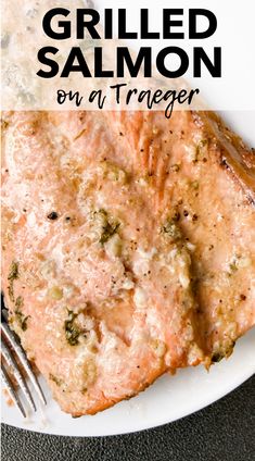 grilled salmon on a tray with text overlay