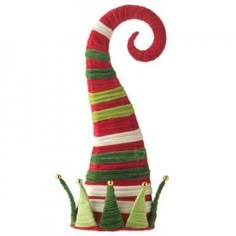 a red and green striped gnome hat