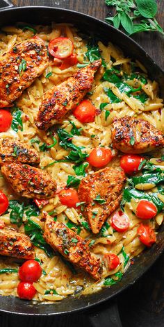 Creamy Chicken Orzo with Spinach, Cherry Tomatoes, and Basil Pesto - in a cast iron skillet. Creamy Chicken Orzo, Orzo With Spinach, Mediterranean Diet Recipes Dinners, Resep Pasta, Orzo Recipes, Chicken Orzo, Resep Diet, Salad Pasta