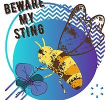 there is a bee that is flying in the air with its wings spread and it says, beware my sting