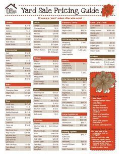 the yard sale pricing guide is shown in red, white and brown colors with an orange flower