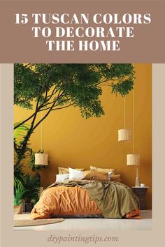 a bedroom with yellow walls and orange bedding in the center is an image of a tree