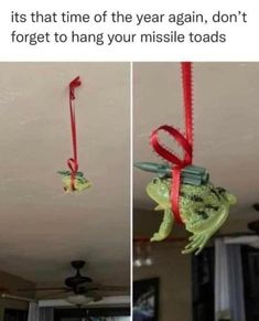 two pictures of a frog hanging from the ceiling with a red ribbon on it's head