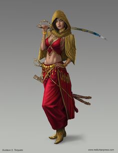 a woman dressed in red and gold is holding an arrow while wearing a headdress