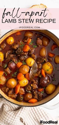 a pot full of beef stew with carrots and potatoes in it on top of a white