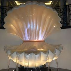 a large white shell sculpture on top of a glass table