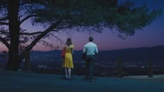 a man and woman standing on top of a hill looking at the city lights in the distance