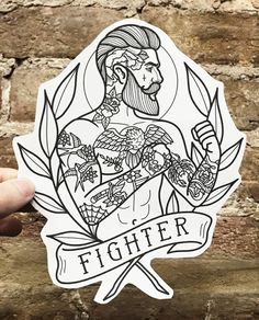 a sticker that says fighter with a man's face and arms in the center