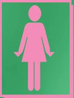 a green and pink bathroom sign with a woman's silhouette on the back of it