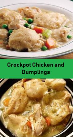 crockpot chicken and dumplings in a white bowl on a table with green border