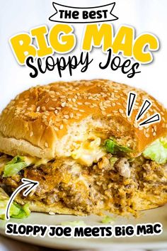 Closeup view of a Big Mac sloppy Joe with a bite removed with text overlay. Big Mac Sloppy Joe Recipe, Big Mac Sloppy Joe, Big Mac Sloppy Joes, Big Mac Sloppy, Homemade Big Mac Sauce, Easy Goulash Recipes, Sloppy Joe Recipe Easy, Sloppy Joes Sandwich, Big Mac Sauce