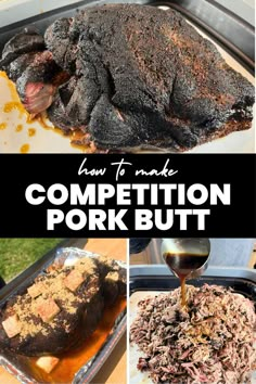 Three image collage of smoked pork butt and smoked pulled pork. Pulled Pork Seasoning Recipes, Smoked Pork Butts On Electric Smoker, Smoked Pork But, Best Smoked Pulled Pork Recipe, Smoked Pork Butts On Pellet Grill, Smoked Pulled Pork Recipe Traeger, Electric Smoker Pulled Pork