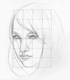 a drawing of a woman's face is shown in the grids above it