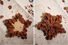 two pictures of pine cones hanging from strings