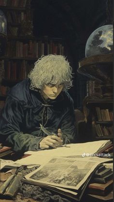 a painting of a man sitting at a table in front of an open book and holding a pen