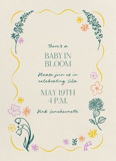 a baby in bloom card with flowers on the front and bottom, reads there's a