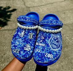 Blue Bedazzled Zeta Phi Beta Sorority Crocs💙 Zeta Phi Beta Sorority, Zeta Phi Beta Bling Crocs, Zeta Phi Beta Sorority Inc, Bling Crocs, Blue Crocs, Crocs Fashion, Clogs And Mules, Zeta Phi Beta, Junior Year