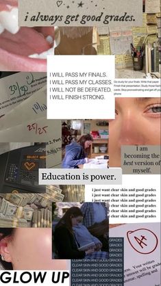 a collage of images with words and pictures on them that say education is power