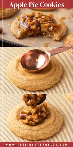 apple pie cookies are stacked on top of each other with a spoon in the middle