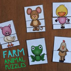 four farm animal puzzles on a table with the words farm animals written in front of them