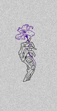 a drawing of a skeleton holding a flower in it's left hand with purple ink