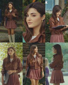 a collage of photos of a woman in a brown dress and jacket with her hand on her hip