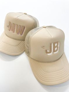 "**follow us on Instagram for restock updates** *additional colors available upon request* Just add INITIALS! Customize these adult and youth foam trucker hats to include a 1-3 letters and an optional heart.  --For bulk orders, other fonts, and logos, please message us for a custom purchase link. Standard height for the initials is 2in. If you would like smaller please note 1\" or 1.5\" tall. Personalization is sized to be no larger than ~2x4 inches on the front of the hat. To add a heart, please specify. Default color for a heart is the front color in your initials.  For additional side stitch location, please also add the following listing to your cart https://justaddletters.etsy.com/listing/1688353659.  For tone-on-tone: tan hat + beige thread champagne hat + ivory thread   green hat + Fitted Hats With Girlfriend Name, Cheap Letter Embroidered Baseball Cap, Cheap Trucker Hat With Letter Patch Snapback, Cheap Gray Trucker Hat With Letter Print, Personalized Flat Bill Trucker Hat, Personalized Trucker Hat One Size Fits Most, Embroidered Logo Trucker Hat For Baseball Season, Personalized Trucker Hat, Embroidered Trucker Hats