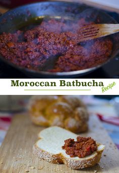 two pictures showing the process of making moroccan bathucha bread with meat and cheese