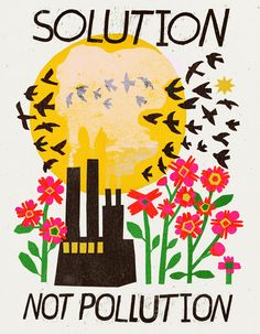 an image of a poster with flowers and birds in the background that says solution not pollution