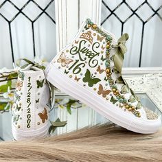 🌸 Step into your Sweet Sixteen or Quinceañera party with an air of elegance and panache, courtesy of our exquisite Flowers Style Custom Converse Shoes. These aren't your run-of-the-mill sneakers; they've undergone a regal transformation exclusively for your special birthday celebration. 🌸 Who says sneakers can't be both sophisticated and comfortable? Well, we're tossing that rulebook out the window! Our Converse shoes are tailor-made for dancing the night away without any foot-related concerns Quince Shoes Sneakers Stylish, Emerald Green Quince Vans, Sweet 16 Converse, Emerald Green Quinceañera Shoes, Quinceanera Shoes Sneakers & Athletic, Quinceanera Shoes Light Green, Quinceanera Changing Shoes, Sweet 16 Shoes Converse, Rapunzel Theme Quinceanera Shoes