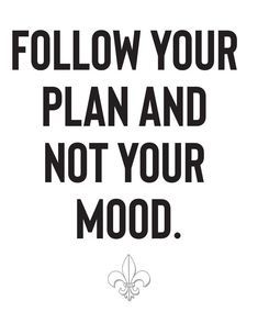 a black and white poster with the words follow your plan and not your mood on it