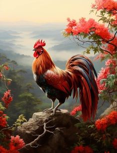 a rooster standing on top of a rock next to red flowers and trees with mountains in the background