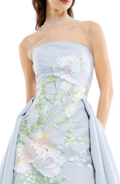 Strapless silk faille gown with pleated skirt and floral embroidery with a tulle illusion overlay Bridal Shower Dress For Guest, Baby Blue Wedding Dresses, Summer Dress For Wedding, Party Guest Dress, Princess Vibes, Blue Wedding Dresses, فستان سهرة, Fairytale Dress, Shower Dresses