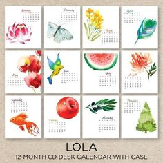 a calendar with watercolor flowers and birds on it, in the middle of each month