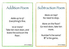 two cards with instructions for subtraction poem and numbers on the same page,