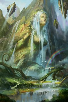 a woman standing in front of a waterfall surrounded by trees and mountains with rainbows